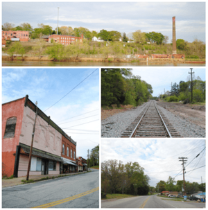 Top, left to right: Ruins of the Piedmont Number One overlooking the Saluda River, Main Street, Railroad, Piedmont Highway