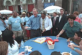 President George W. Bush Passes out Birthday Cake with Philadelphia Mayor John Street at an Independence Day Celebration