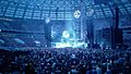 Scene in blue light during Rammstein concert in Luzhniki