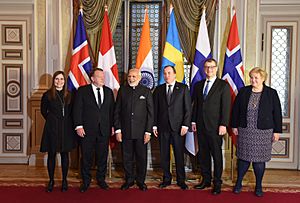 The Prime Minister, Shri Narendra Modi with other leaders at India-Nordic Summit, in Stockholm, Sweden on April 17, 2018