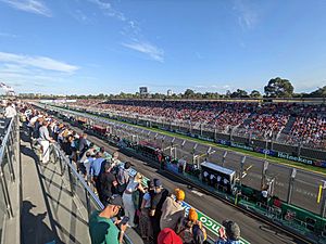 Albert Park circuit main straight, pictured from above teams' garages in 2022