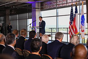 Honorable Mark Esper, Secretary of the Army, speaking before a gathering of VIPs at the future home of the Army Futures Command, which he established in August 2019