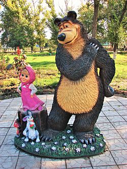 Sculpture of cartoon characters Masha and Bear in Yelan (Volgograd Oblast)
