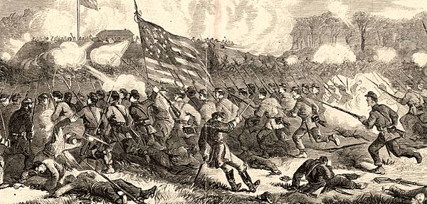 The Battle of Secessionville, James Island, S.C., bayonet charge of Union troops, commanded by Brigadier-General Stevens
