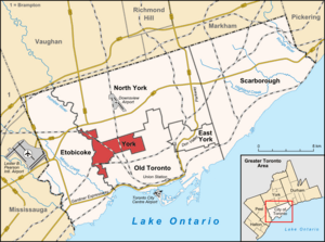 Location of York (red), as compared with the rest of Toronto.