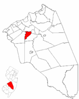 Hainesport Township highlighted in Burlington County. Inset map: Burlington County highlighted in the State of New Jersey.