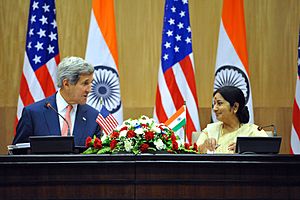 Secretary Kerry and Foreign Minister Sushma Swaraj address reporters during news Conference following strategic dialogue (1)