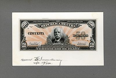 García depicted on the original artist/progress proof designed by the United States Bureau of Engraving and Printing for Cuban silver certificates (1936).