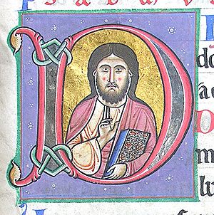 Christ holding a book, with his hand raised in blessing illumination from the St Bertin Psalter