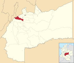 Location of the municipality and town of Guamal, Meta in the Meta Department of Colombia.