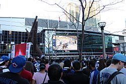 Fans watching the Toronto Maple Leafs play the Boston Bruins in the 2013 Stanley Cup playoffs