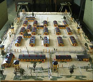 Model of the set used to film the movie The Great Escape. It depicts a smaller version of a single compound in Stalag Luft III. The model is now at the museum near where the prison camp was located.