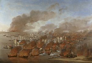 Willem van de Velde the Elder (1611-93) - 'Holmes's Bonfire', the burning of Dutch Merchant Ships between Terschelling and Vlieland, 19th August 1666 - RCIN 406560 - Royal Collection