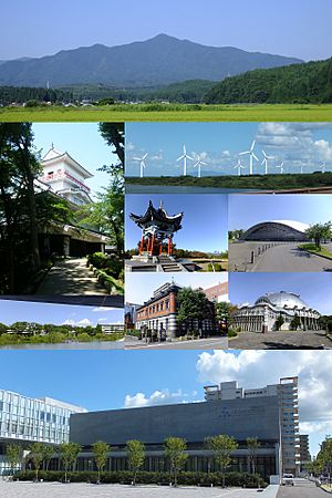 From the top, left to right: Mount Taihei, Kubota Castle, Akita-Araya Wind Farm, Hitotsumori Park, Akita Skydome, Akita Museum of Art, Akita Akarengakan Museum, Akita City Gymnasium