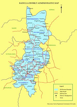 Map of Badulla district showing its administrative areas