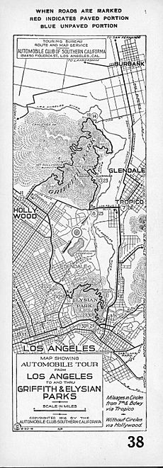 Map showing automobile tour from Los Angeles to and thru Griffith and Elysian Parks, 1916 (AAA-SM-003079)
