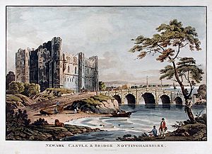Newark Castle and bridge London Published by J Deeley, 95 Bewick St Soho, 1812 Coloured aquatint