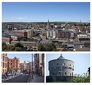Clockwise from top: Drogheda viewed from the south; Millmount Fort; West Street, Drogheda
