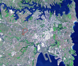 NASA satellite image PIA03498 of Sydney, cropped, and modified to show Summer Hill borders
