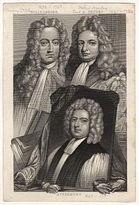 Henry St John, 1st Viscount Bolingbroke; Robert Harley, 1st Earl of Oxford; Francis Atterbury by Sir Godfrey Kneller, Bt