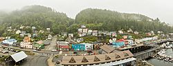 View from a cruise ship of the Newtown area of Ketchikan.  In the foreground is the intersection of Schoenbar Rd. and Water Street.