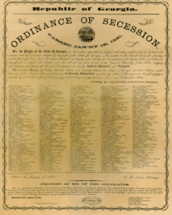 Facsimile of the 1861 Ordinance of Secession signed by 293 delegates to the Georgia Secession Convention at the statehouse in Milledgeville, Georgia January 21, 1861