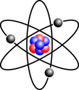 Stylised atom with three Bohr model orbits and stylised nucleus