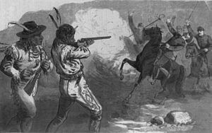 The Milk Creek Canyon disaster - death of the gallant Major Thornburgh, of the Fourth United States Infantry, while heading a charge of his men against a band of hostile Ute Indians in their LCCN2005689149 (cropped)