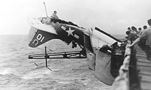 Crashed SB2C-3 Helldiver of VB-7 on USS Intrepid (CV-11) on 30 October 1944 (NH 95398)