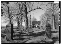 GENERAL VIEW OF EAST (FRONT) SHOWING ENVIRONMENTAL SETTING AND AN HISTORIC APPROACH TO THE HOUSE (A ROAD BED NO LONGER USED) - Pleasant Prospect, 12806 Woodmore Road, HABS MD,17-WOOD.V,2-6