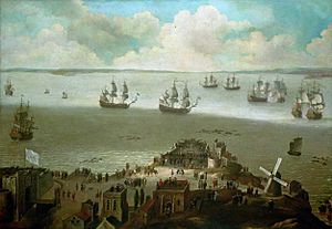 HMS 'Tiger' taking the 'Schakerloo' in the harbour of Cadiz, 23 February 1674.jpg