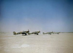 Hawker Hurricane Mark IID 'tank busters' of No. 6 Squadron about to take off from Gabes in Tunisia, 6 April 1943. TR869