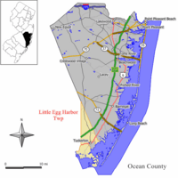 Map of Little Egg Harbor Township in Ocean County. Inset: Location of Ocean County highlighted in the State of New Jersey.
