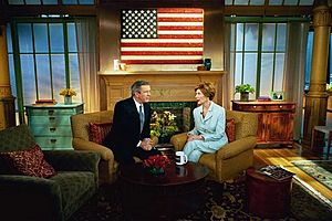 First Lady Laura Bush speaks with Charlie Gibson during a Good Morning America live interview at the ABC Studios in New York City