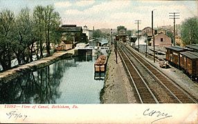 Tinted photo of the canal and train tracks