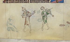 Queen Mary Psalter two men dancing playing citole and rebec