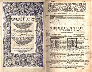 Title Page of the Rheims New Testament with the first page of the Gospel According to Matthew Compared with the Bishop's Bible, 1589