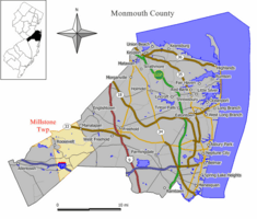 Map of Millstone Township in Monmouth County. Inset: Location of Monmouth County highlighted in the State of New Jersey.