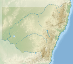 A map of New South Wales, Australia, with a mark indicating the location of Lake Macquarie
