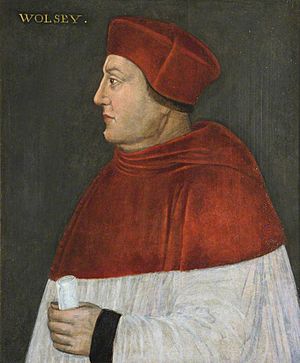 Portrait of Thomas Wolsey, facing left, in the robes of a cardinal