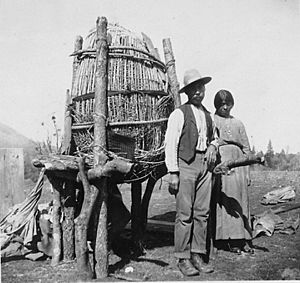 Photograph with text of acorn cache of the Mono Indians, California. This is from a survey report of Fresno and... - NARA - 296296 (cropped)