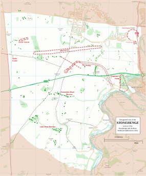 Map showing the boundary of the Stonehemge section of the Stonehenge and Avebury World Heritage Site, with the location of Normanton Down Barrows