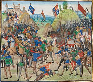 A colourful and stylised picture of a late-Medieval battle