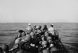 British airborne troops approaching Taranto in a landing craft, during the invasion of Italy, 14 September 1943. A19320