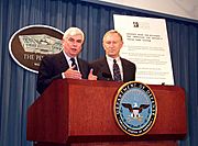 Christopher Dodd and Jim Jeffords speaking at the Pentagon, May 2000