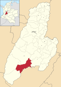 Location of the municipality and town of Ataco in the Tolima Department of Colombia.