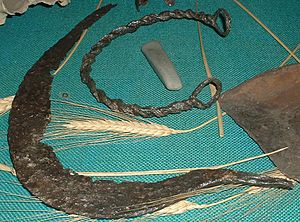 Iron sickle, torc and adze