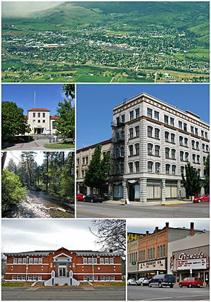 Clockwise: Aerial view of the city; the Foley Building; the Granada theater; Carnegie Library; Catherine Creek; Eastern Oregon University Pierce Library