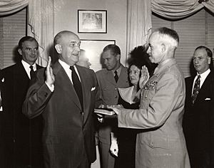 Louis Johnson swears in Omar Bradley as the first Chairman of the Joint Chiefs of Staff