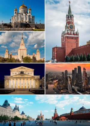 Clockwise, from top right: Spasskaya Tower of the Moscow Kremlin; MIBC; Red Square, Saint Basil's Cathedral; Bolshoi Theatre; Moscow State University; and Cathedral of Christ the Saviour.